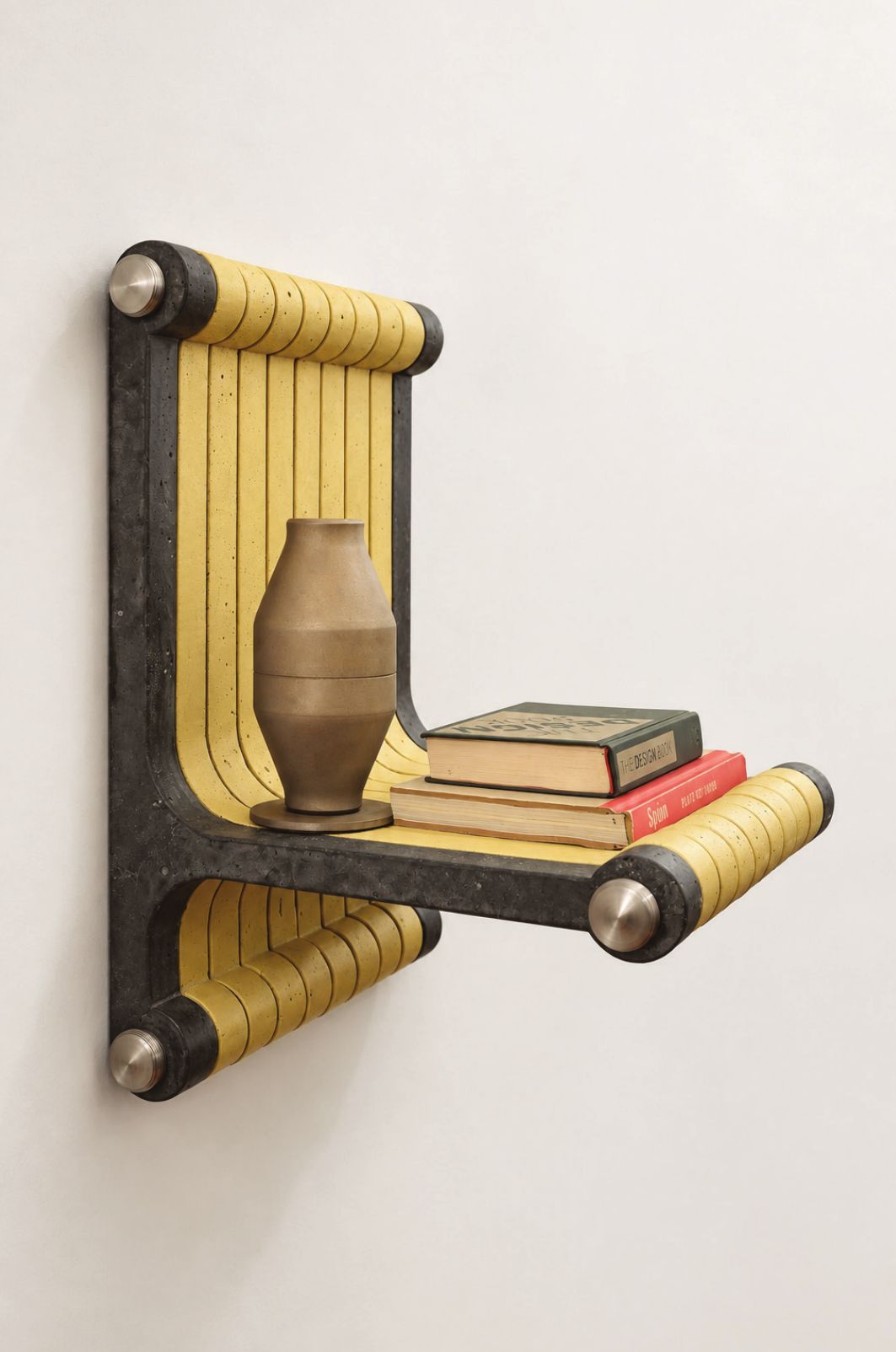 The Keeper shelf without lamp: charcoal frame with yellow striped back and shelf, holding a vase and books